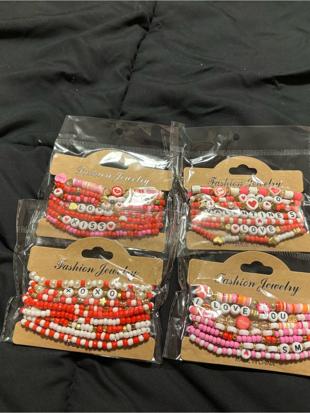 4 Pack Beaded Stretch Bracelet Set - Pink, Red & White